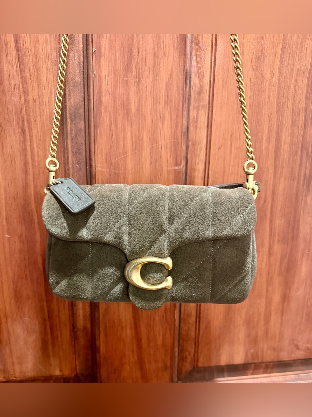 Coach Quilted Suede Shoulder Bag in Olive with Gold Hardware